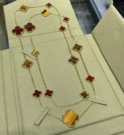 [Max Jewelry ]CLOVER 16 MOTIF CARNELIAN TIGER EYE ROSE GOLD NECKLACE