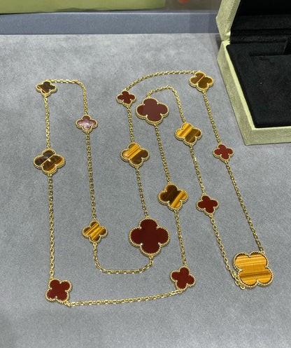[Max Jewelry ]CLOVER 16 MOTIF CARNELIAN TIGER EYE ROSE GOLD NECKLACE