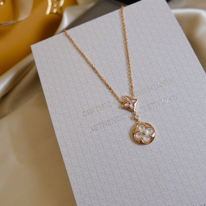 [Max Jewelry ]STAR AND SUN WHITE MOP 2 MOTIF PINK GOLD NECKLACE