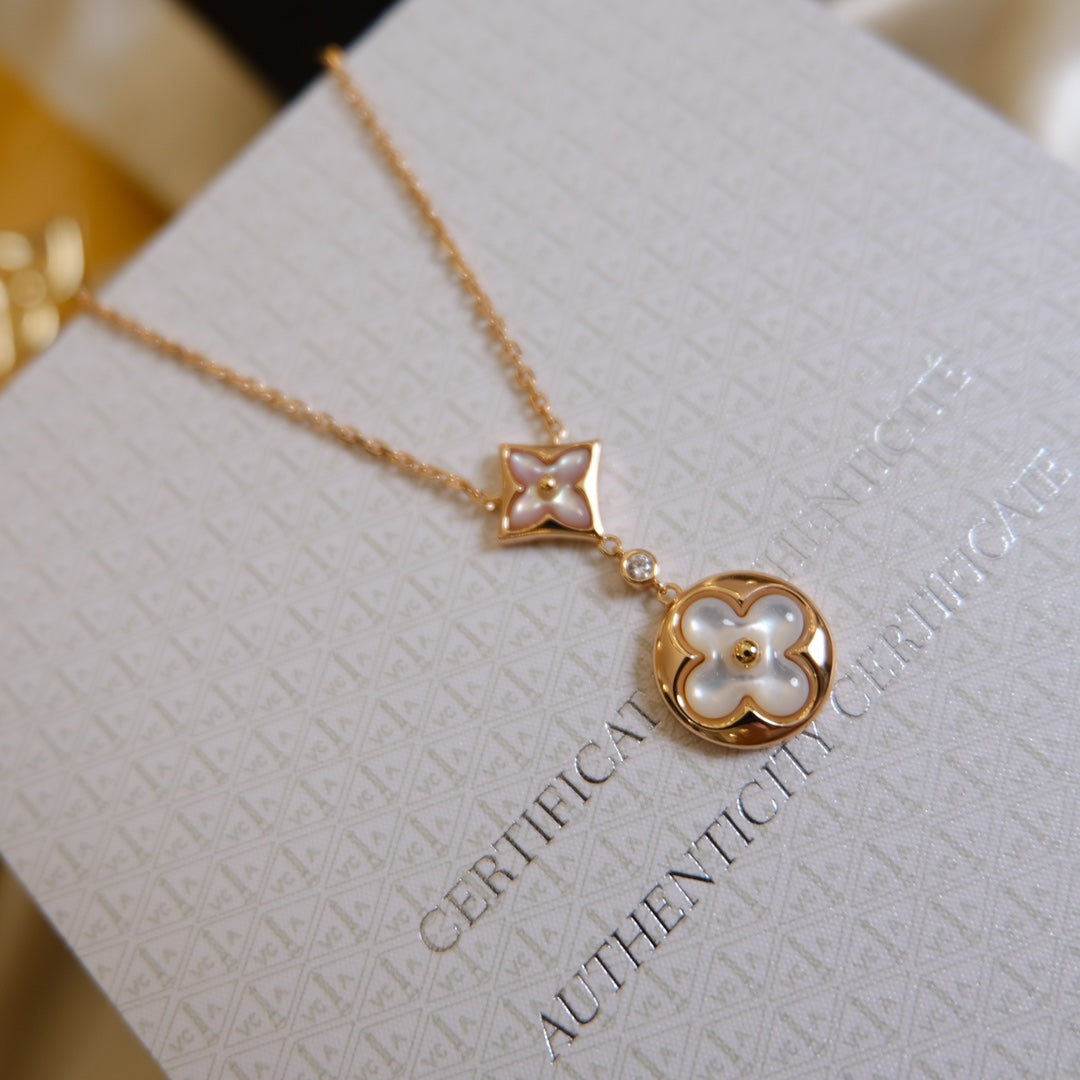[Max Jewelry ]STAR AND SUN WHITE MOP 2 MOTIF PINK GOLD NECKLACE