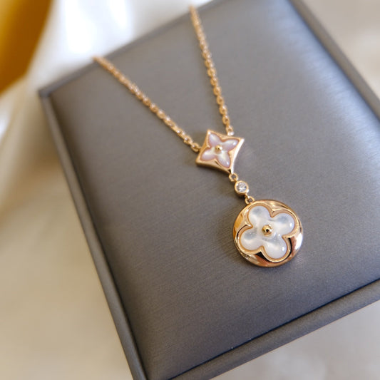 [Max Jewelry ]STAR AND SUN WHITE MOP 2 MOTIF PINK GOLD NECKLACE