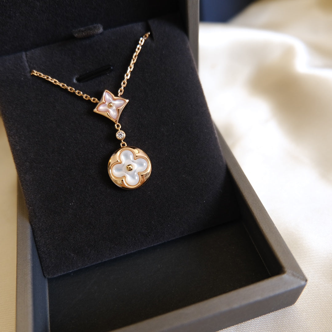 [Max Jewelry ]STAR AND SUN WHITE MOP 2 MOTIF PINK GOLD NECKLACE