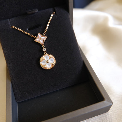 [Max Jewelry ]STAR AND SUN WHITE MOP 2 MOTIF PINK GOLD NECKLACE