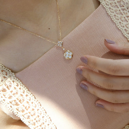 [Max Jewelry ]STAR AND SUN WHITE MOP 2 MOTIF PINK GOLD NECKLACE