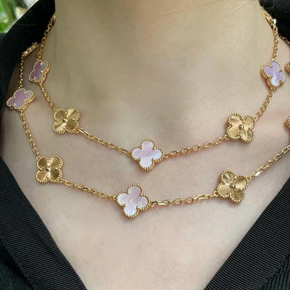 [Max Jewelry ]CLOVER 20 MOTIFS LASER PINK MOP NECKLACE