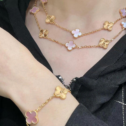 [Max Jewelry ]CLOVER 20 MOTIFS LASER PINK MOP NECKLACE