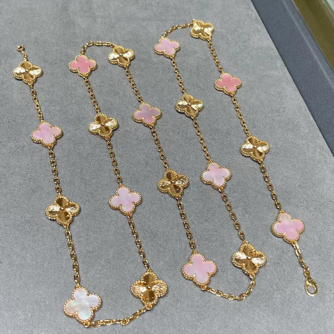 [Max Jewelry ]CLOVER 20 MOTIFS LASER PINK MOP NECKLACE