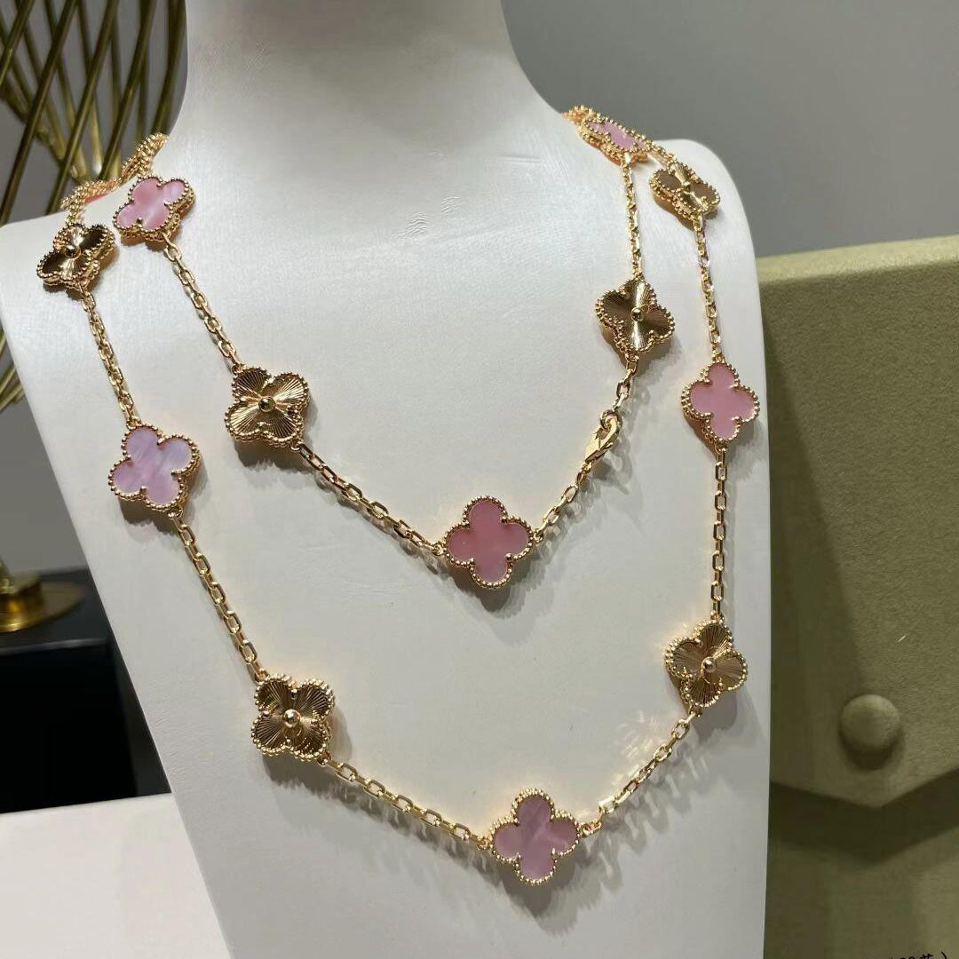 [Max Jewelry ]CLOVER 20 MOTIFS LASER PINK MOP NECKLACE