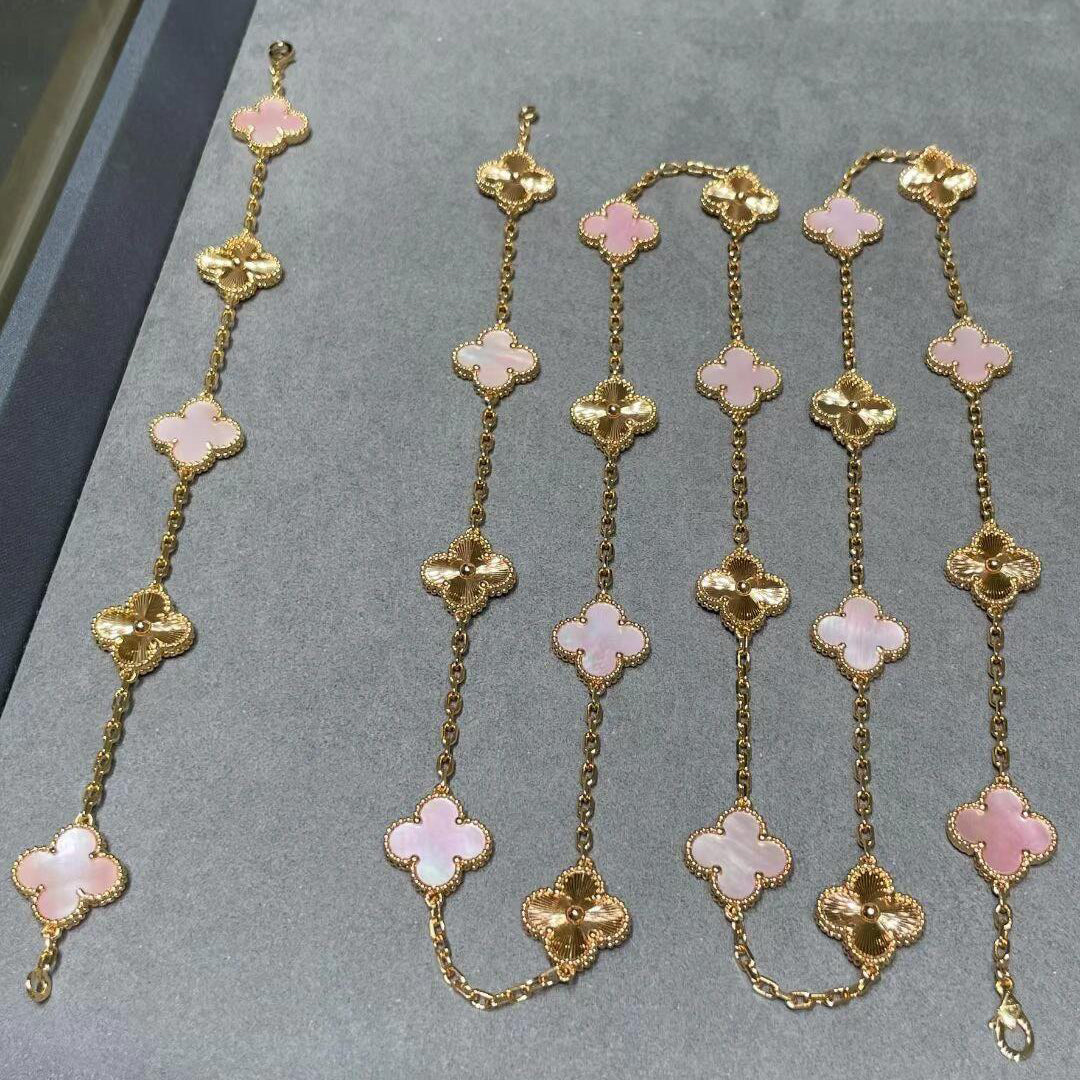 [Max Jewelry ]CLOVER 20 MOTIFS LASER PINK MOP NECKLACE