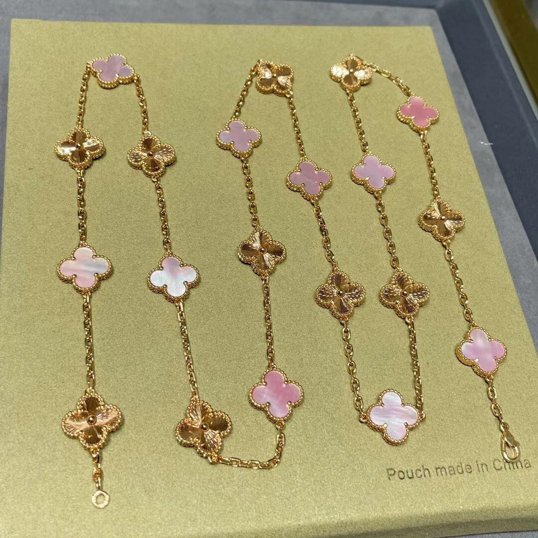 [Max Jewelry ]CLOVER 20 MOTIFS LASER PINK MOP NECKLACE
