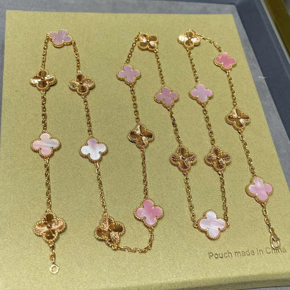 [Max Jewelry ]CLOVER 20 MOTIFS LASER PINK MOP NECKLACE