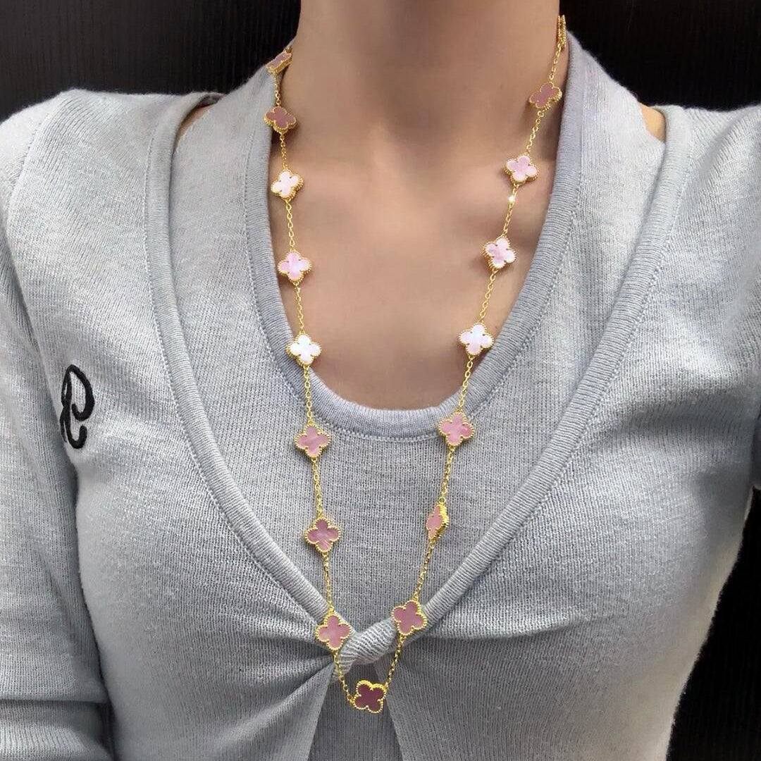 [Max Jewelry ]CLOVER 20 MOTIFS PINK MOP NECKLACE