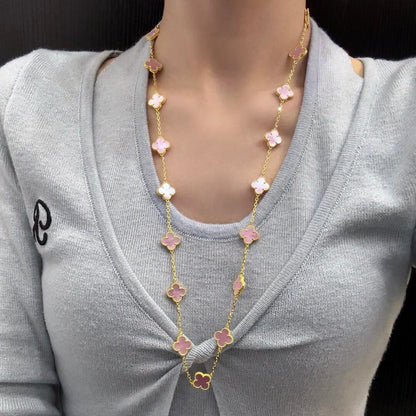 [Max Jewelry ]CLOVER 20 MOTIFS PINK MOP NECKLACE