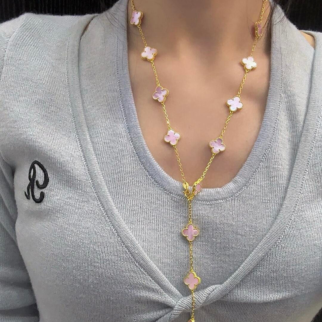 [Max Jewelry ]CLOVER 20 MOTIFS PINK MOP NECKLACE