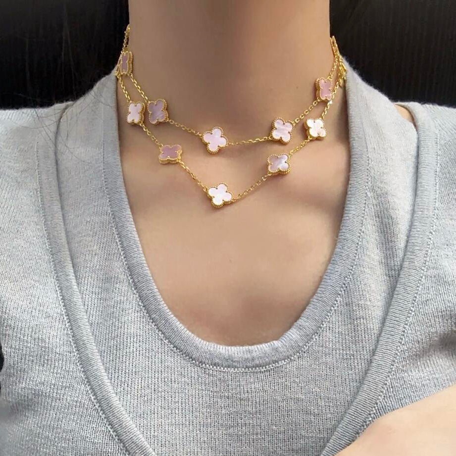 [Max Jewelry ]CLOVER 20 MOTIFS PINK MOP NECKLACE