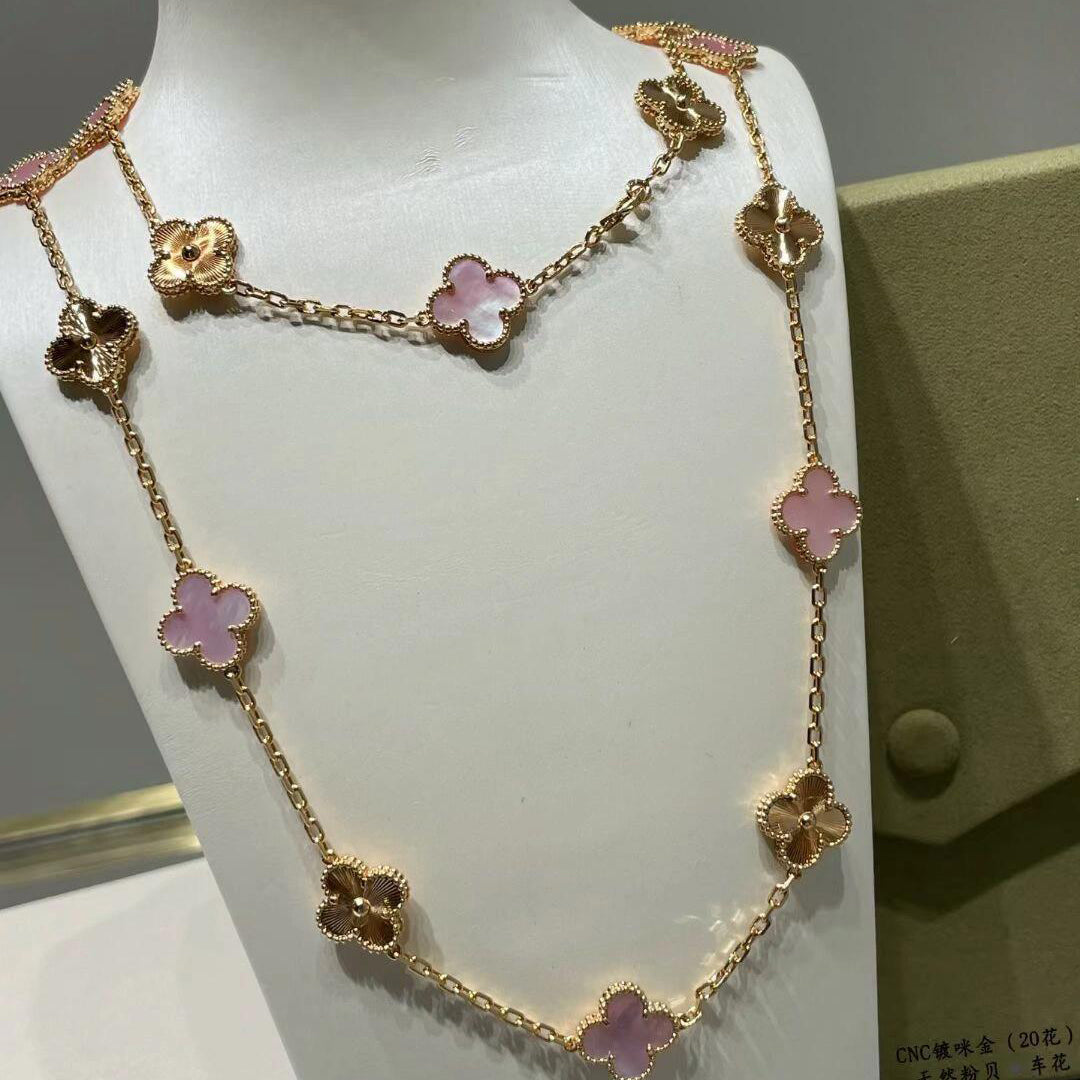 [Max Jewelry ]CLOVER 20 MOTIFS LASER PINK MOP NECKLACE
