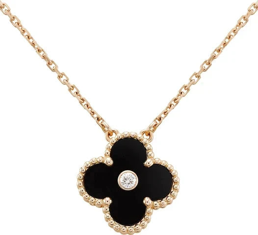[Max Jewelry ]CLOVER 15MM DIAMOND ONYX NECKLACE