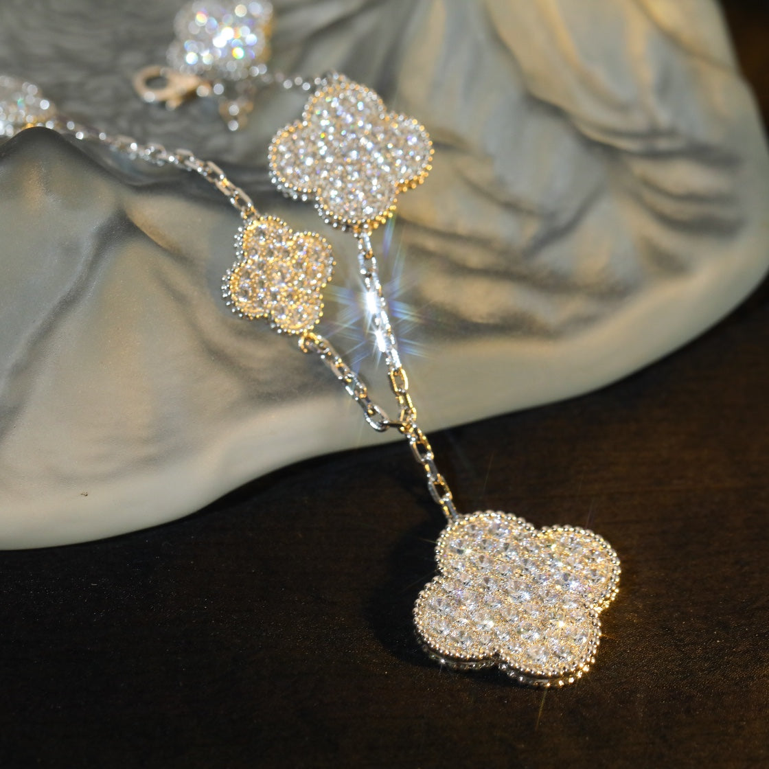 [Max Jewelry ]CLOVER BRACELET 5 MOTIF SILVER DIAMOND PAVED