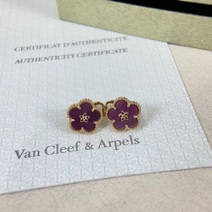 [Max Jewelry]NEW PURPLE PLUM FRAGRANCE PLUM BLOSSOM GOLD EARRINGS