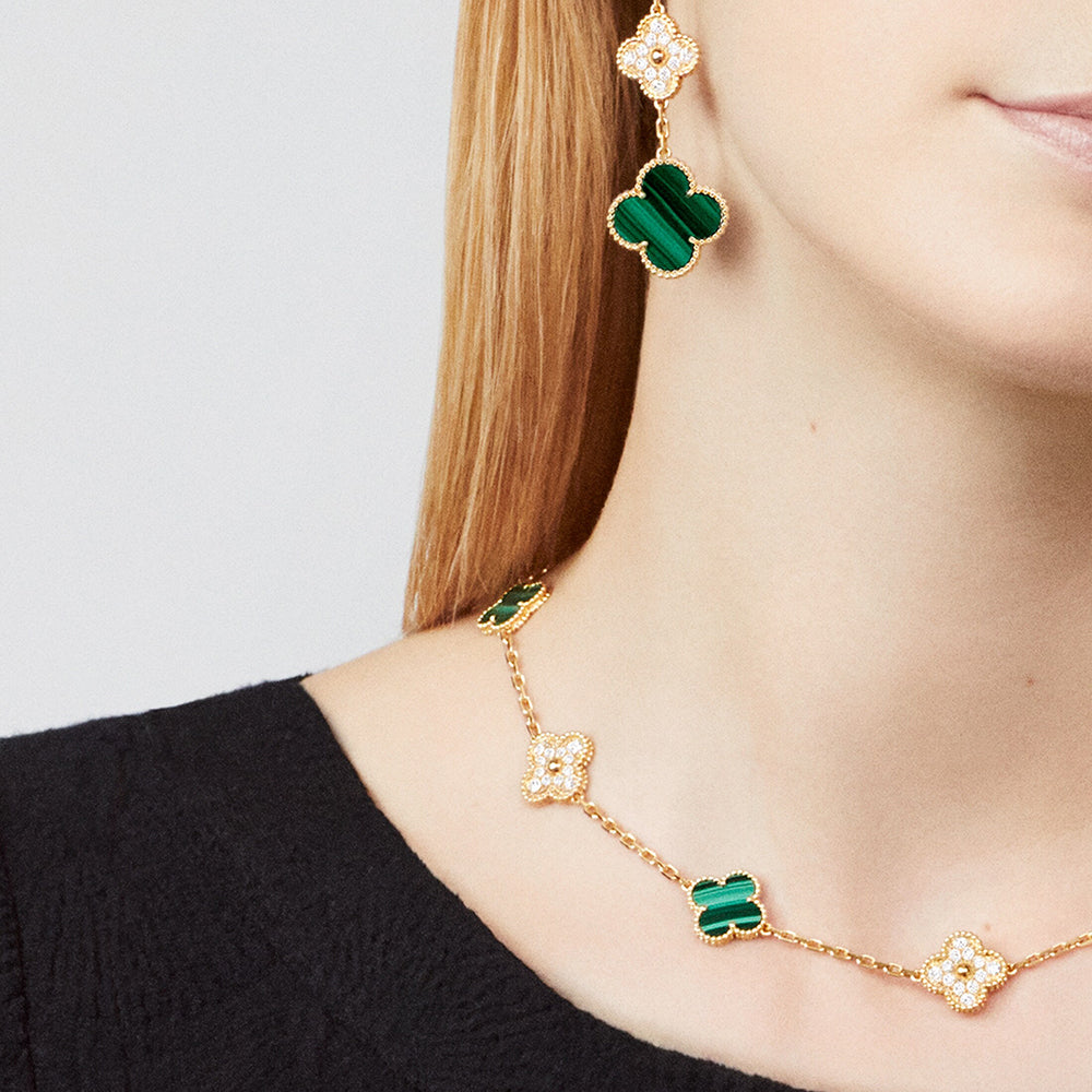 [Max Jewelry ]CLOVER 10 MOTIFS MALACHITE DIAMOND NECKLACE