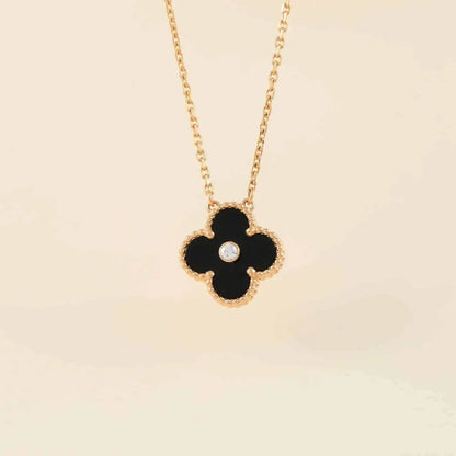 [Max Jewelry ]CLOVER 15MM DIAMOND ONYX NECKLACE