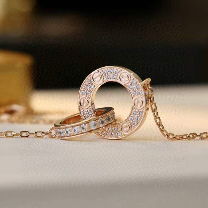 [Max Jewelry ]LOVE 7.6MM NECKLACE ROSE GOLD AND SILVER  FULL DIAMOND