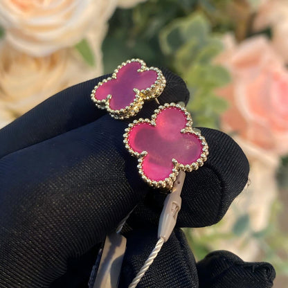 [Max Jewelry]NEW CLOVER 15MM PINK ENAMEL STUD EARRINGS
