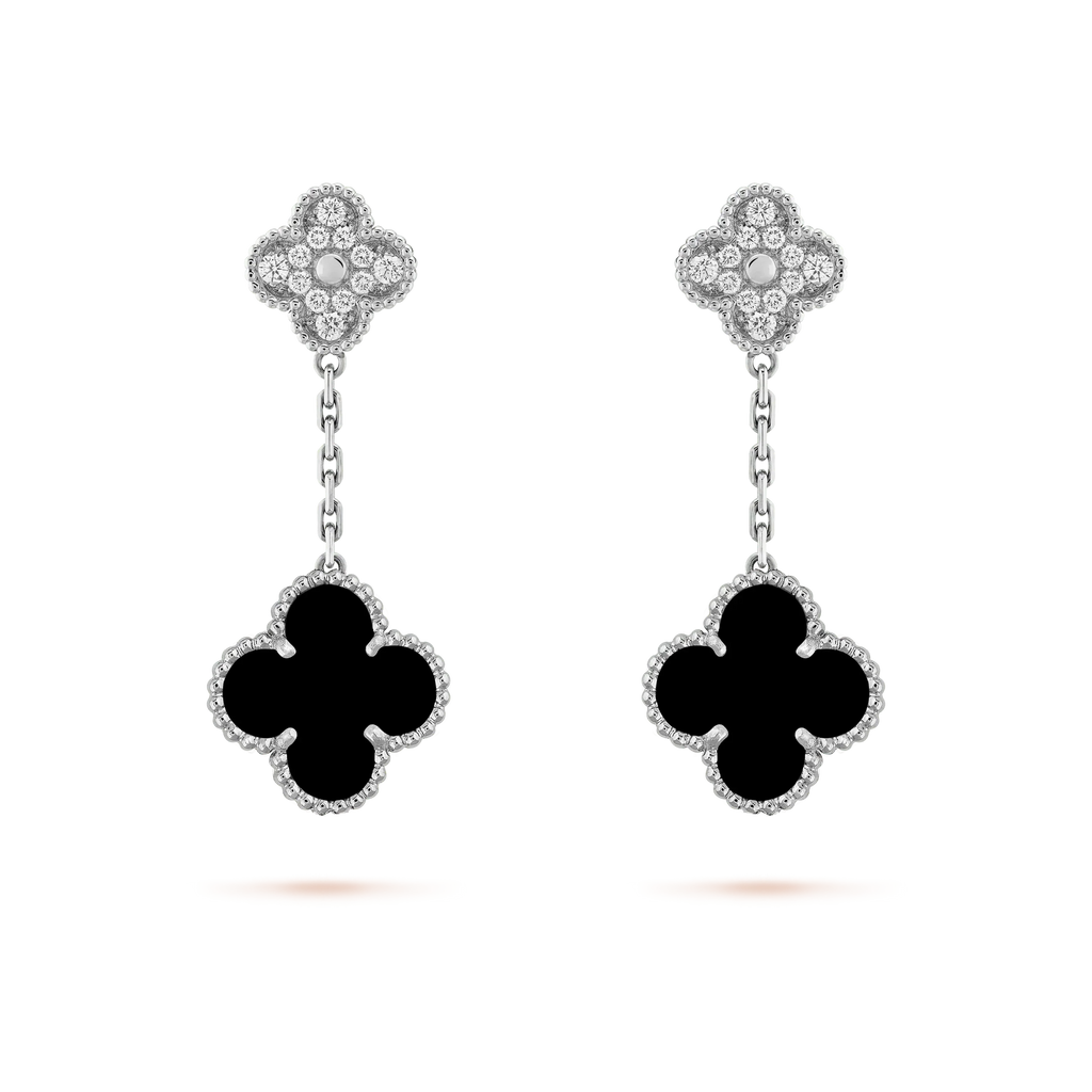 [Plus&Max]CLOVER 2 MOTIFS  DIAMOND ONYX EARRINGS SILVER