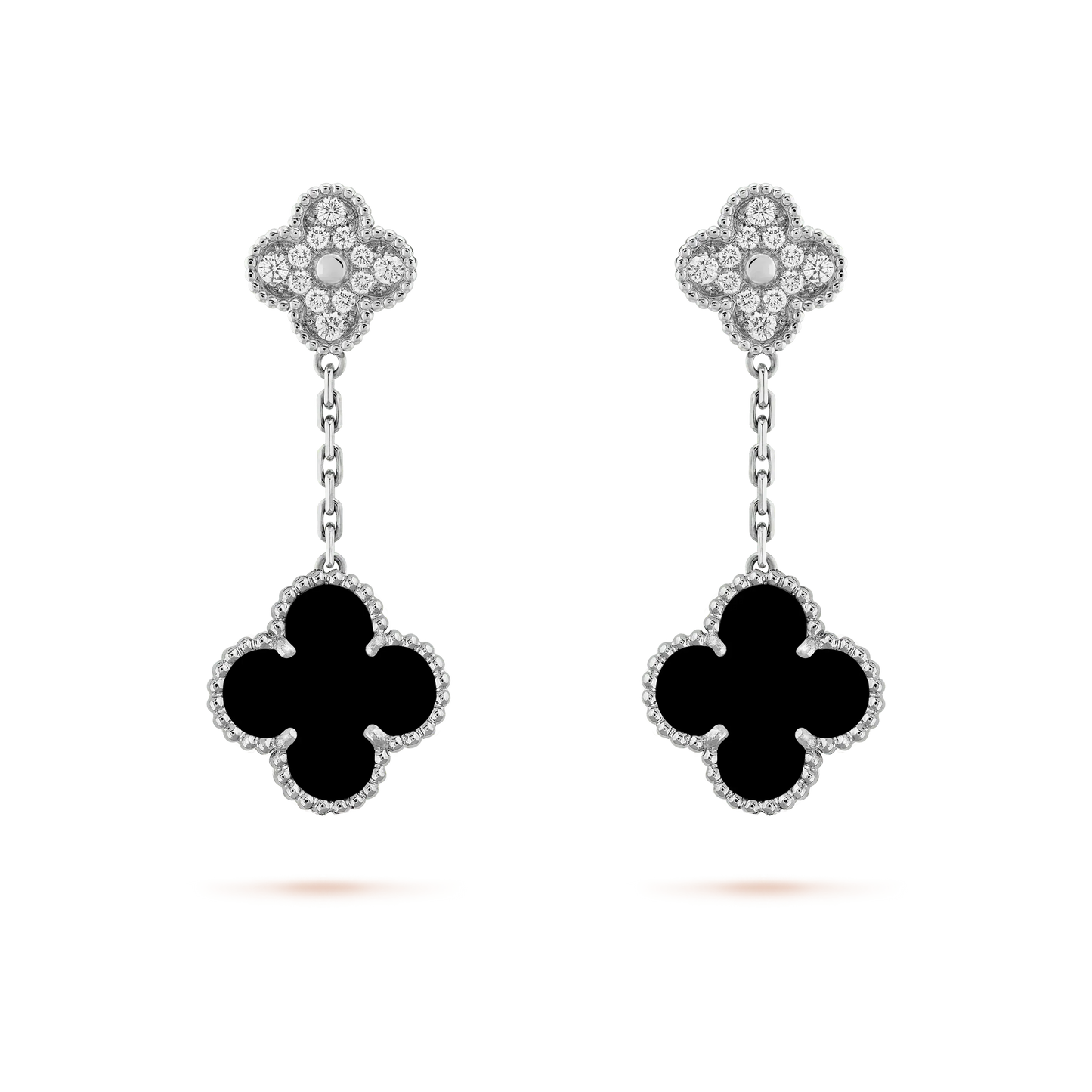 [Max Jewelry ]CLOVER 2 MOTIFS  DIAMOND ONYX EARRINGS SILVER