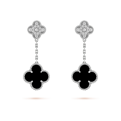 [Max Jewelry ]CLOVER 2 MOTIFS  DIAMOND ONYX EARRINGS SILVER