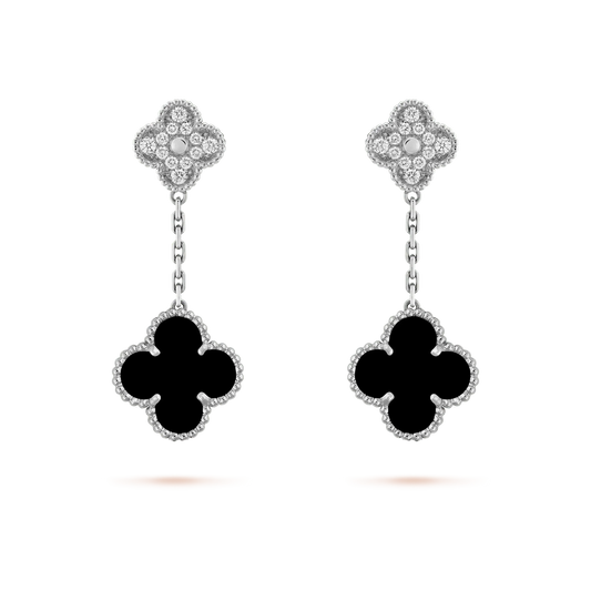 [Max Jewelry ]CLOVER 2 MOTIFS  DIAMOND ONYX EARRINGS SILVER