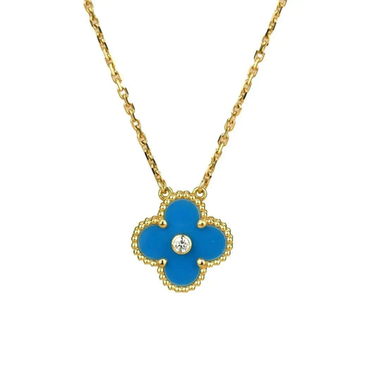 [Max Jewelry ]CLOVER 15MM DIAMOND AND BLUE AGATE NECKLACE