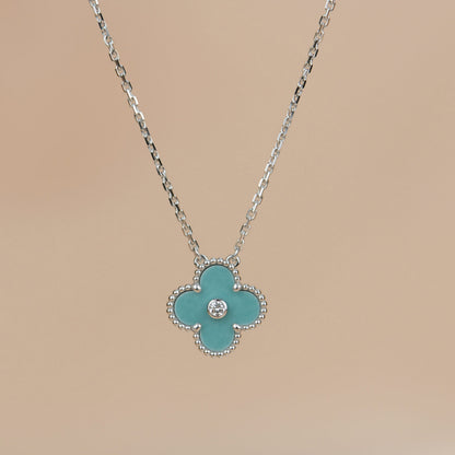 [Max Jewelry ]CLOVER 15MM DIAMOND SVRES PORCELAIN  NECKLACE SILVER