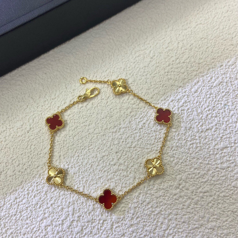 [Max Jewelry ]CLOVER 6 MOTIF RED AGATE LASER BRACELET
