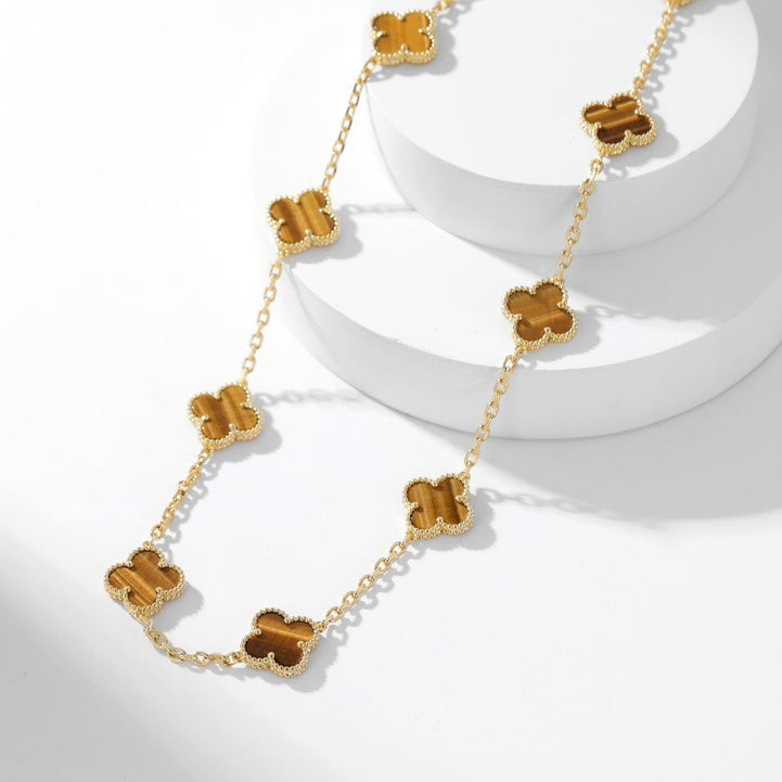 [Max Jewelry ]CLOVER 10 MOTIFS TIGER EYE NECKLACE