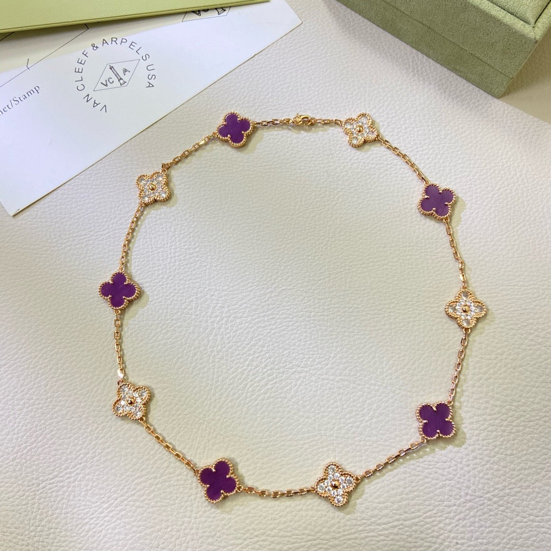 [Max Jewelry ]CLOVER 10 MOTIFS  PURPLE VIOLET DIAMOND NECKLACE