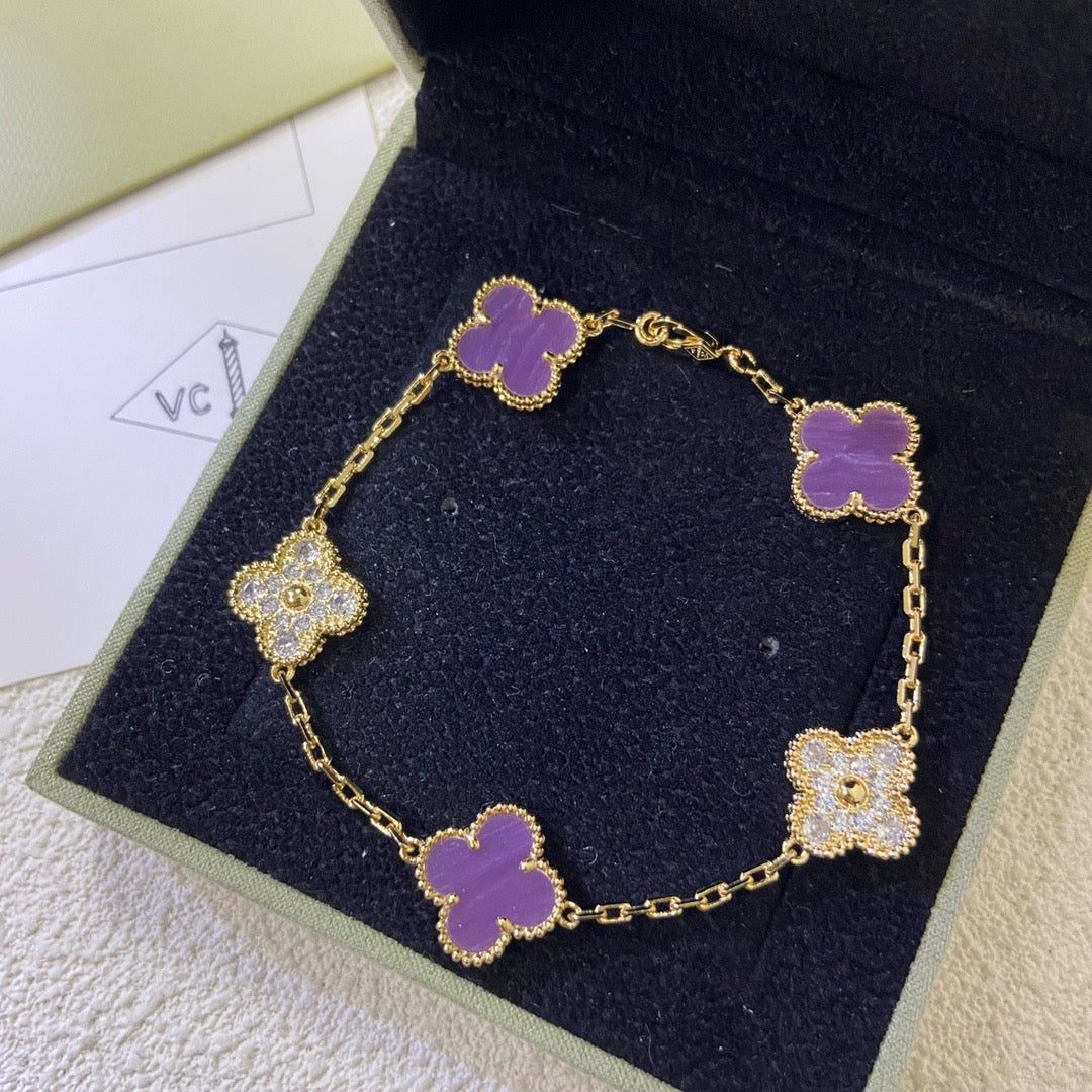 [Max Jewelry ]CLOVER  5 MOTIFS  PURPLE VIOLET DIAMOND BRACELET