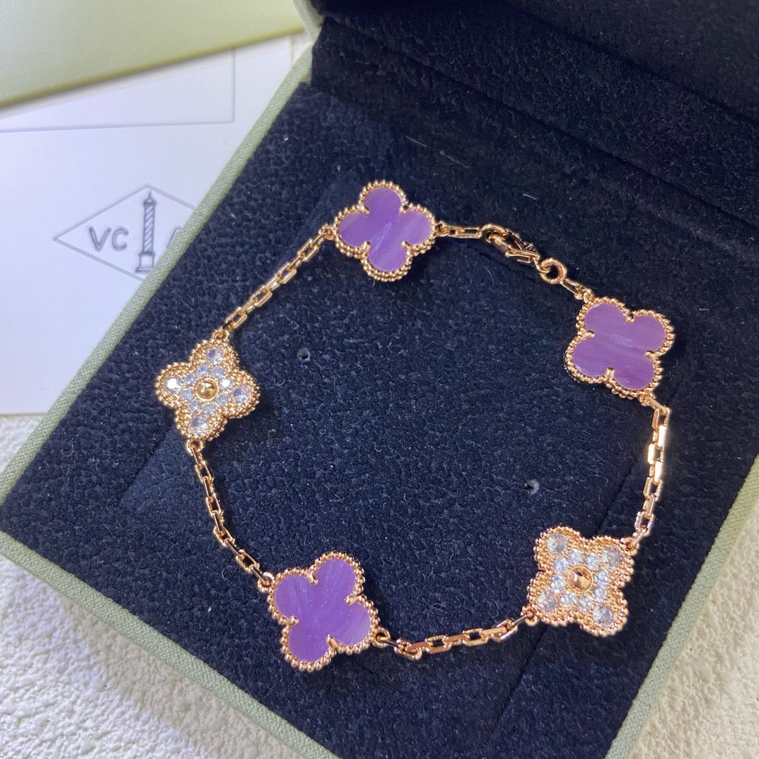 [Max Jewelry ]CLOVER  5 MOTIFS  PURPLE VIOLET DIAMOND BRACELET