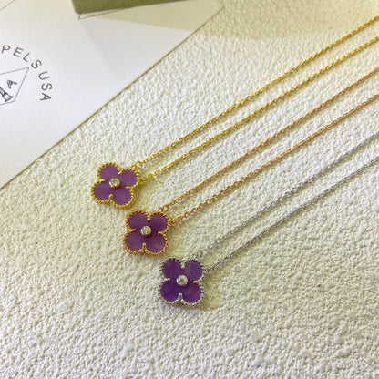 [Max Jewelry ]CLOVER 15MM DIAMOND  PURPLE VIOLET NECKLACE