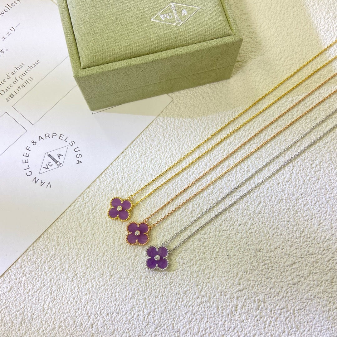 [Max Jewelry ]CLOVER 15MM DIAMOND  PURPLE VIOLET NECKLACE