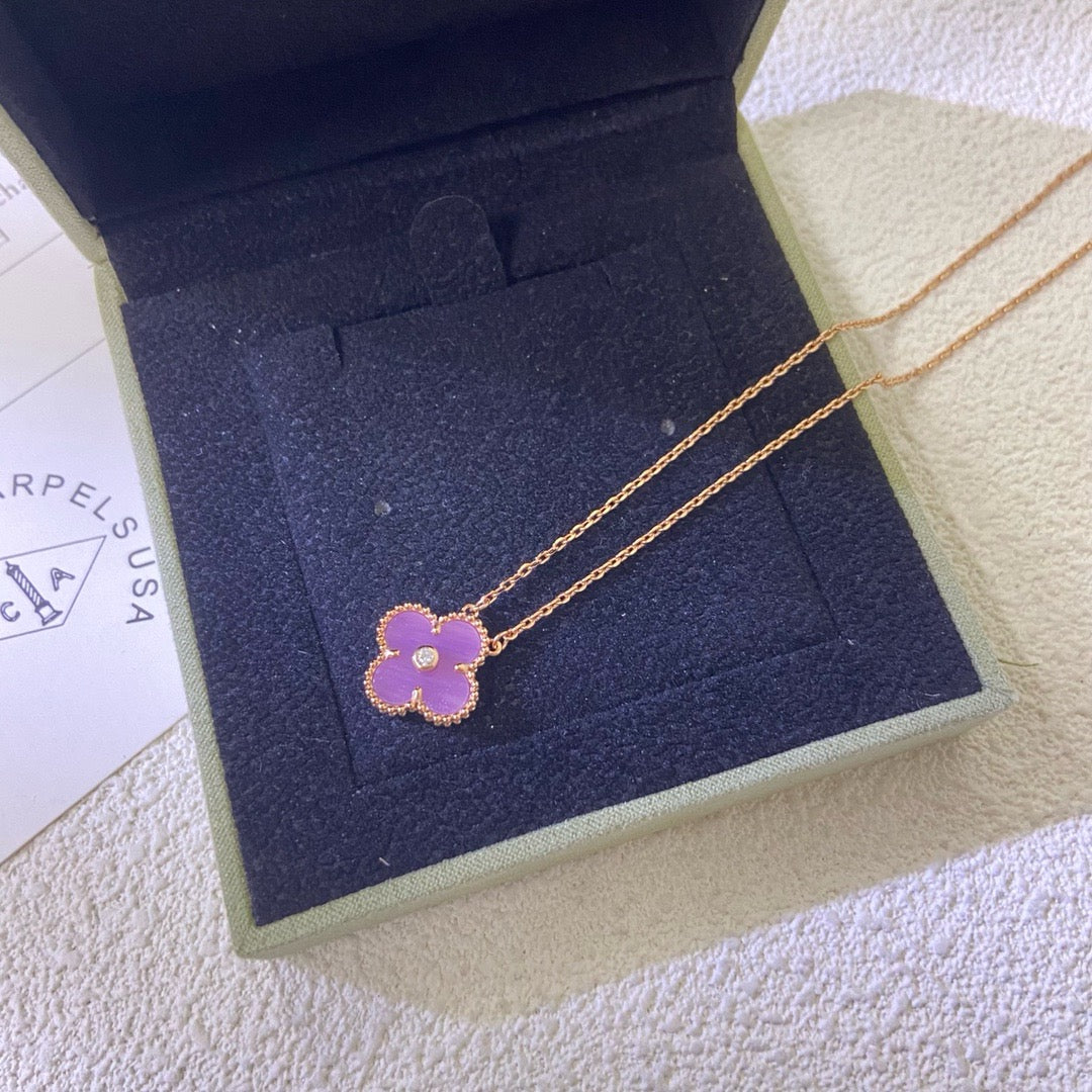 [Max Jewelry ]CLOVER 15MM DIAMOND  PURPLE VIOLET NECKLACE