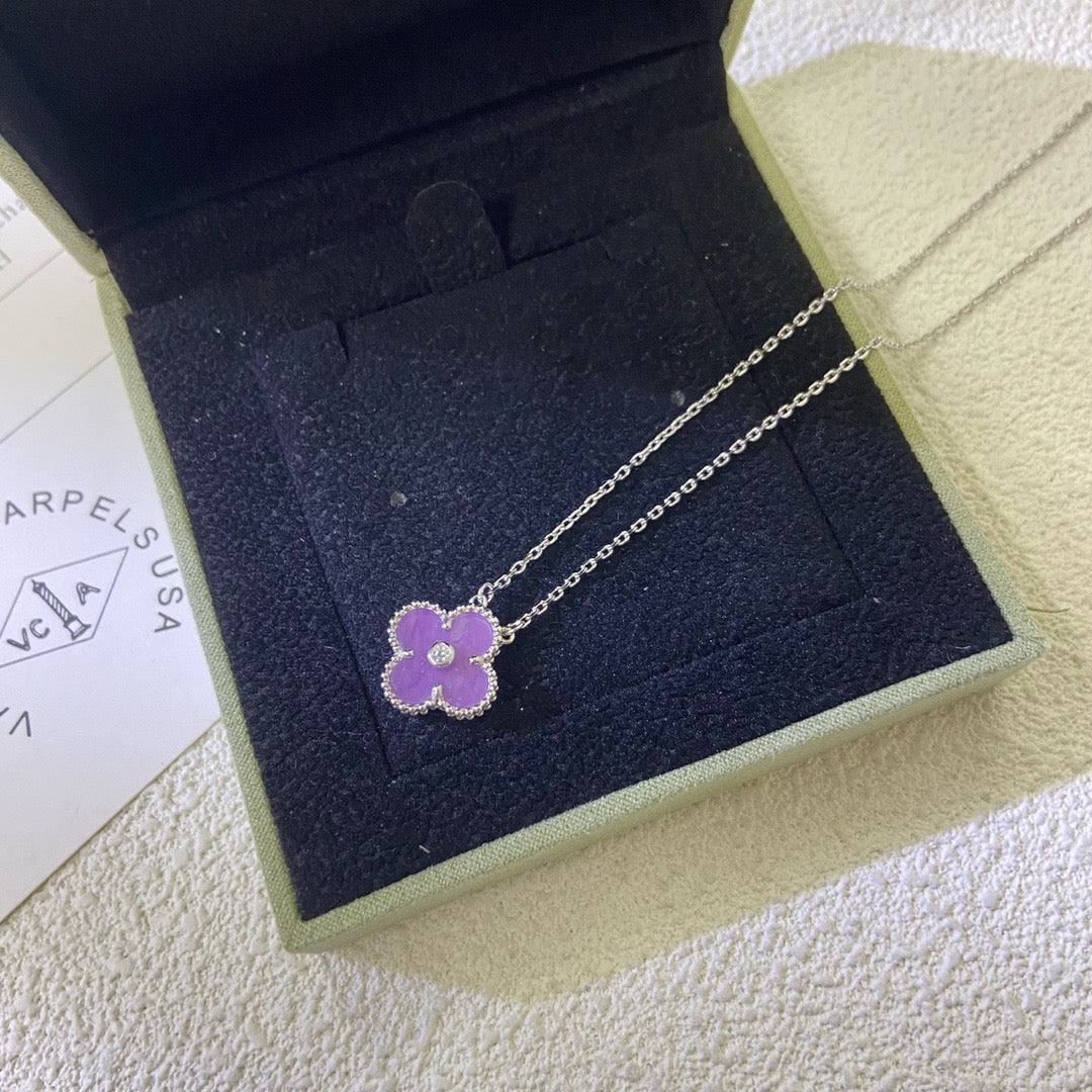 [Max Jewelry ]CLOVER 15MM DIAMOND  PURPLE VIOLET NECKLACE