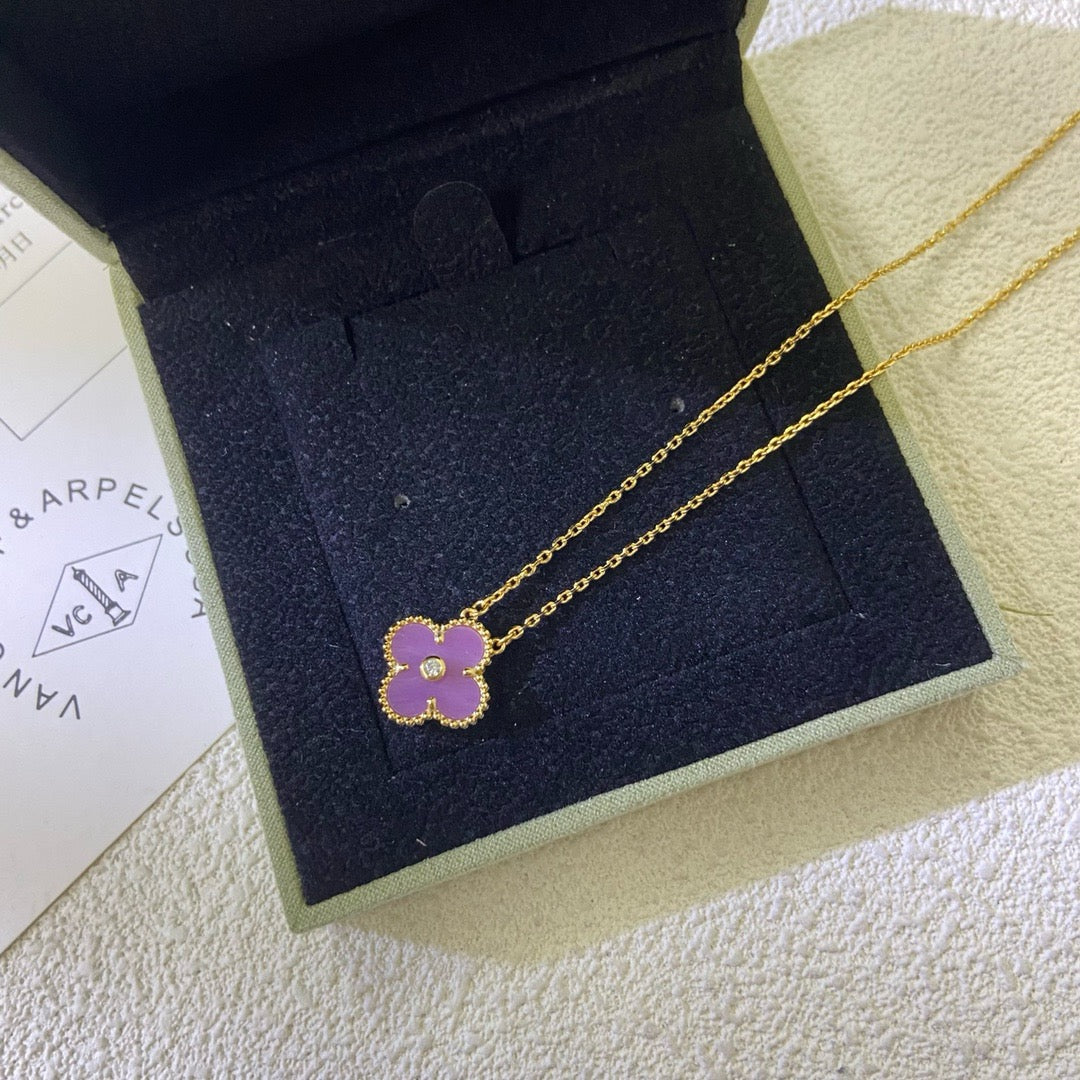 [Max Jewelry ]CLOVER 15MM DIAMOND  PURPLE VIOLET NECKLACE