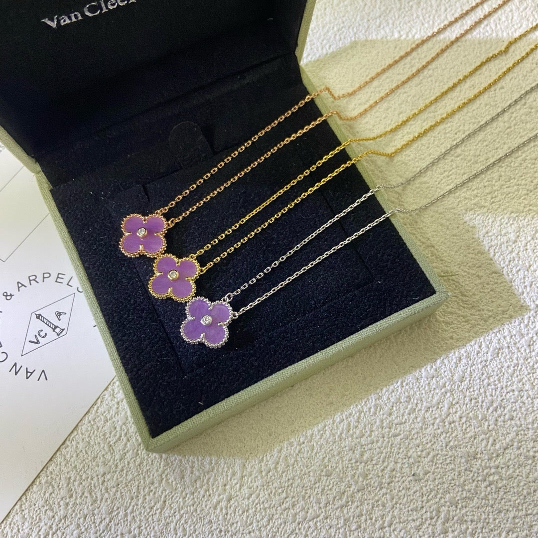 [Max Jewelry ]CLOVER 15MM DIAMOND  PURPLE VIOLET NECKLACE
