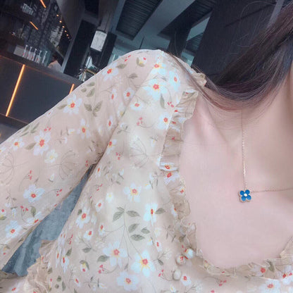 [Max Jewelry ]CLOVER 15MM DIAMOND AND BLUE AGATE NECKLACE
