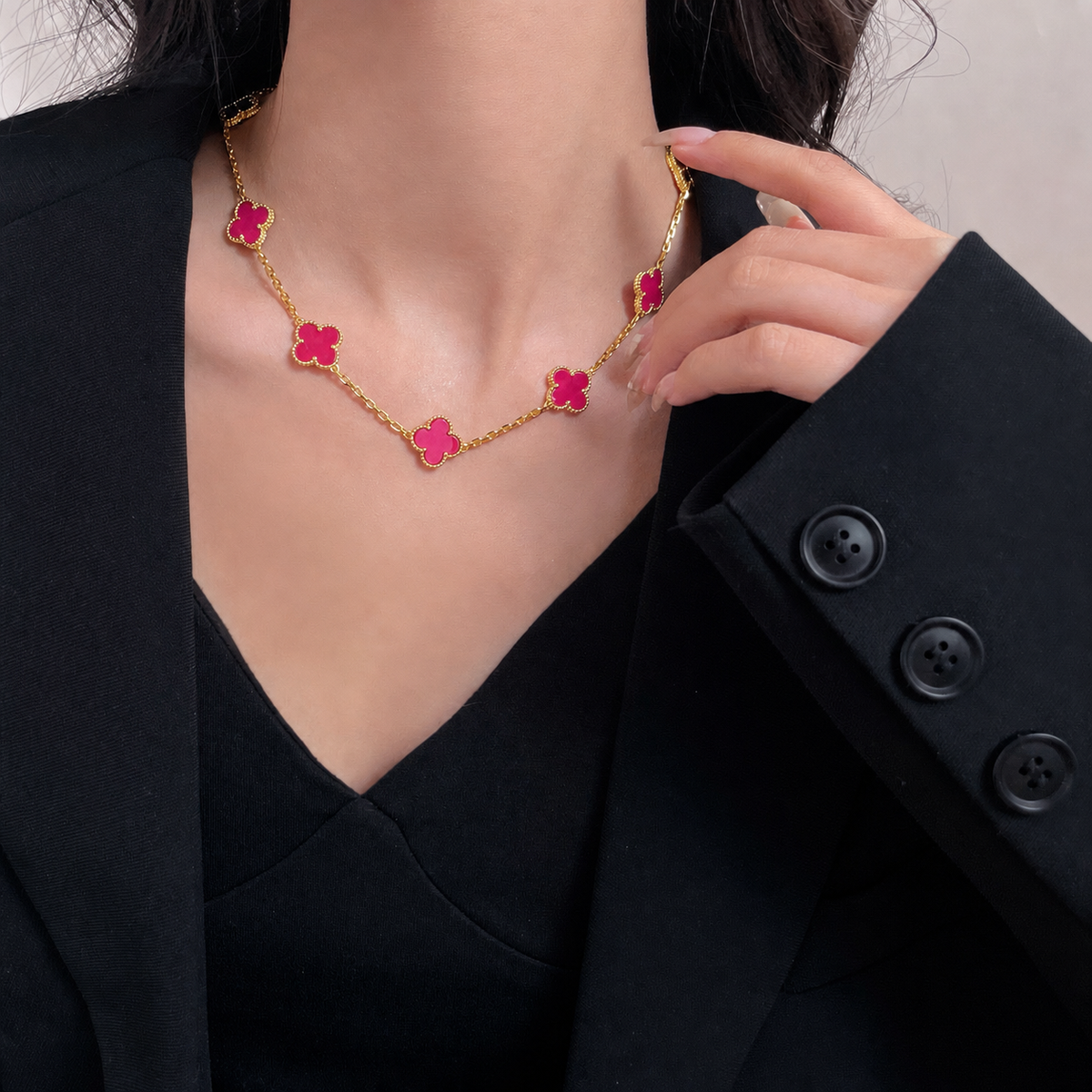 [Max Jewelry]NEW CLOVER 10 MOTIFS PINK ENAMEL NECKLACE