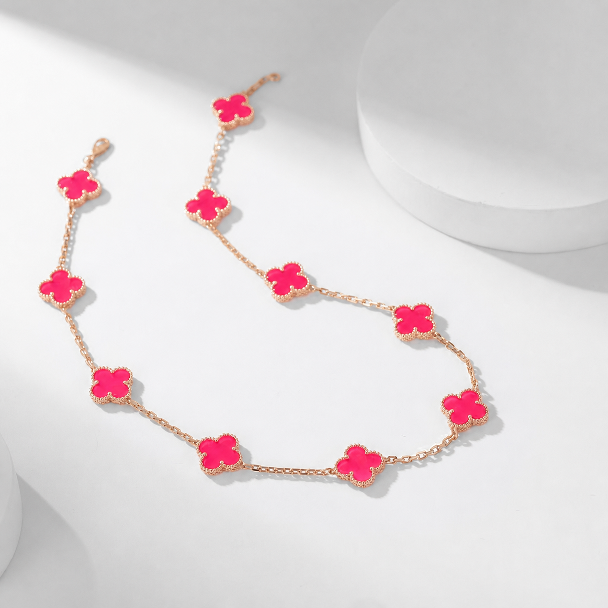 [Max Jewelry]NEW CLOVER 10 MOTIFS PINK ENAMEL NECKLACE