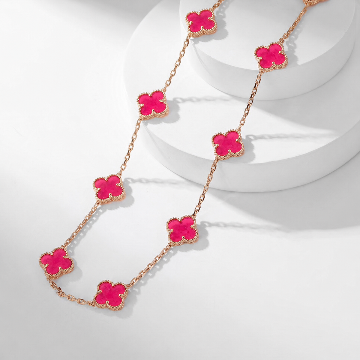 [Max Jewelry]NEW CLOVER 10 MOTIFS PINK ENAMEL NECKLACE