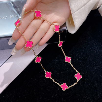 [Max Jewelry]NEW CLOVER 10 MOTIFS PINK ENAMEL NECKLACE