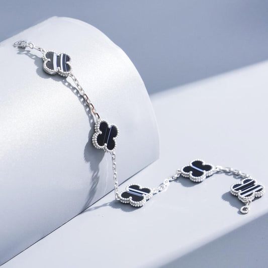 [Max Jewelry ]CLOVER 5 MOTIF VEINED ONYX BRACELET SILVER